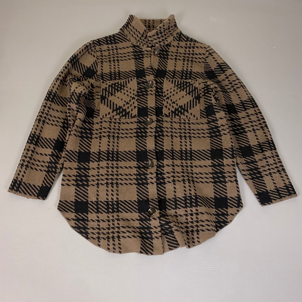 78&SUNNY Shacket Women's‎ Size Large Brown Black Plaid Knit Button Down Jacket